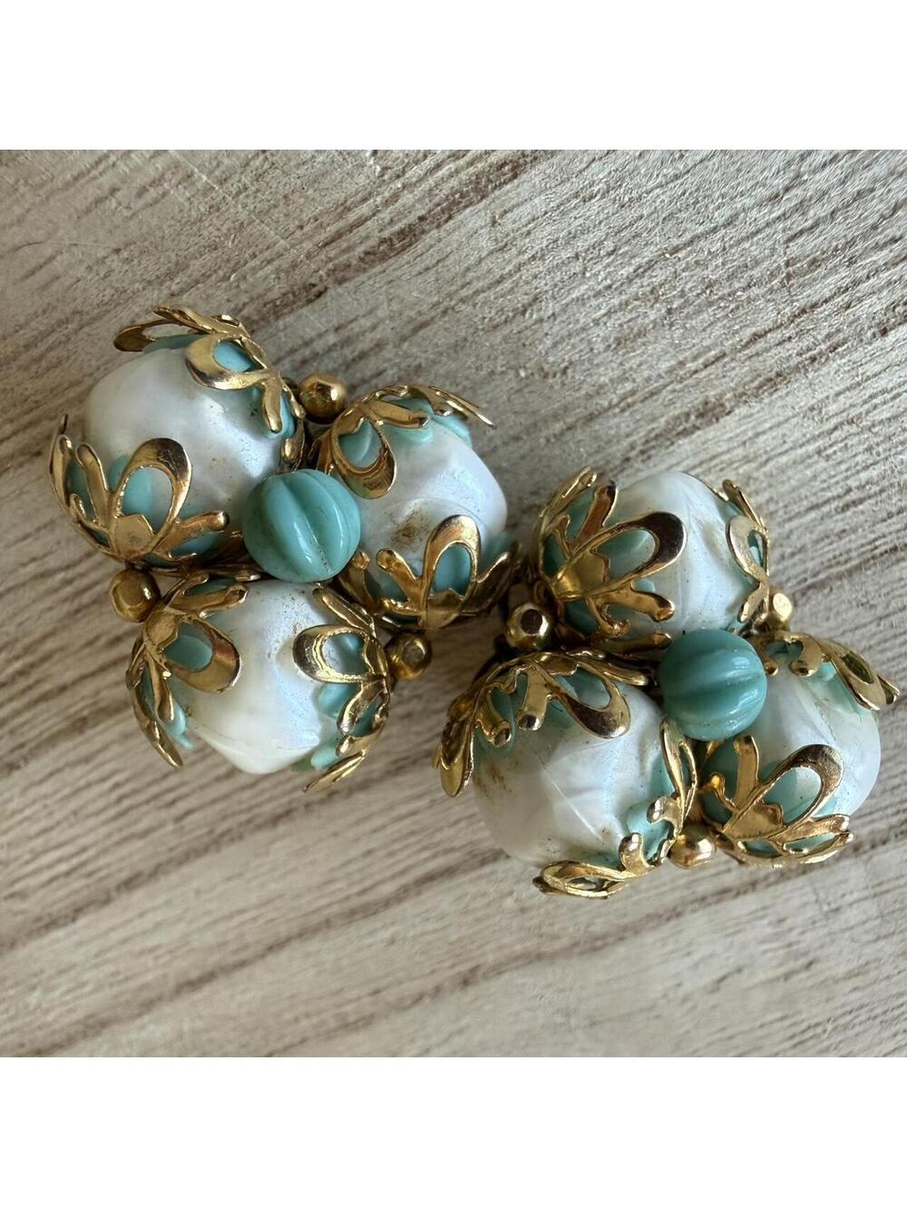 Vintage cluster pearl earrings gold filigree turquoise statement